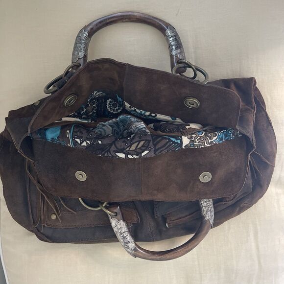 Vintage Steve Madden Western Boho Leather Fringe Brown Leather Tote Bag Purse - Picture 9 of 14